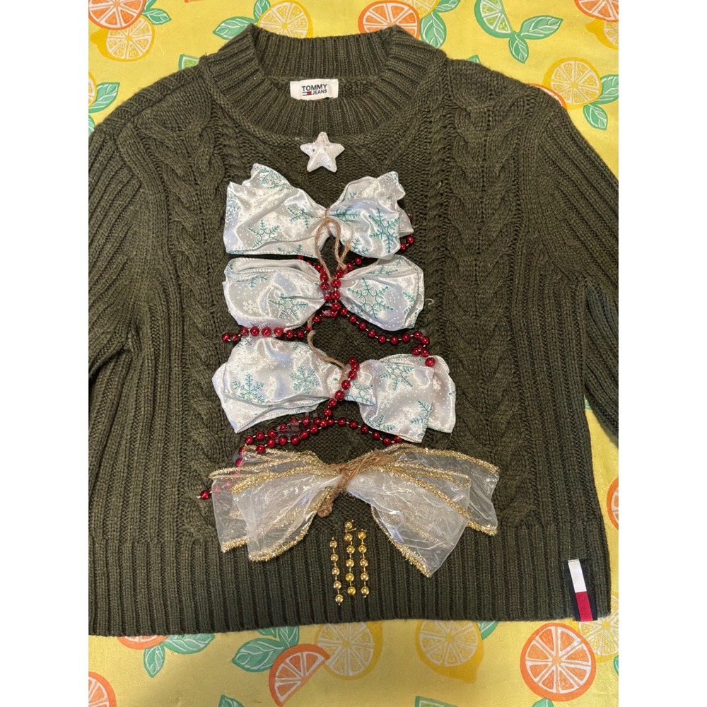 Festive Womens Tommy Jeans Ugly Christmas Sweater S Olive Green
